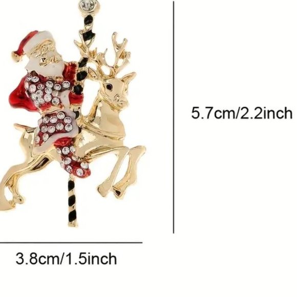 Christmas Brooch Santa Reindeer Rhinestones Pin Stylish Gold Trendy Glam Holiday - Picture 3 of 3